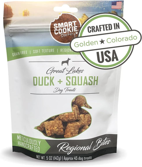 Smart Cookie All Natural Duck & Squash Dog Treats - Grain Free, Chewy, Human-Grade, 5oz Bag for Allergies