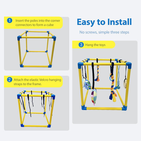 8 Dewonch Puppy Play Gym with Hanging Toys, Small Dogs Indoor Jungle Gym, PVC Frame with Bungee Straps Enrichment