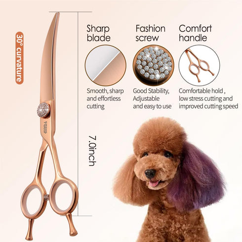 Rose Gold Titanium Curved Dog Grooming Scissors 7'' - Downward 30°, Professional Pet Trimming Shears