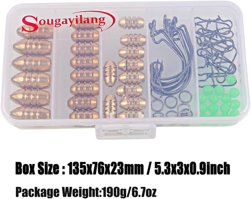 Sougayilang Fishing Sinkers Set with Brass Weights, Jig Hooks, Swivel Ring Connector in Plastic Box for Fishing