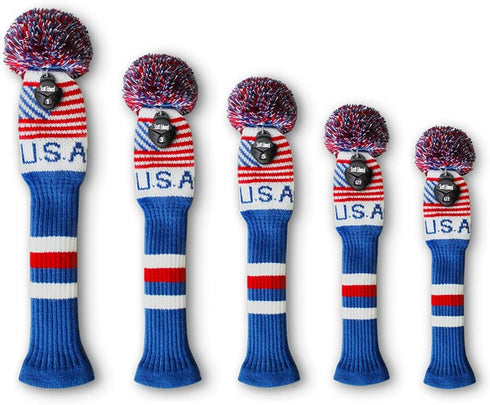 Scott Edward Knit Golf Club Cover Set of 5 with Pom, USA Flag, Protect Driver Wood and Fairway Wood