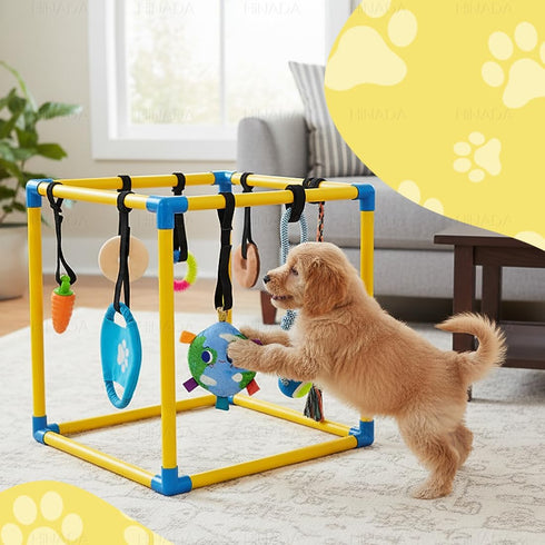 HiNADA 8 25 lbs) Puppy Play Gym with Hanging Toys, Small Dogs Indoor Jungle Gym with Squeaky Toys, PVC Frame