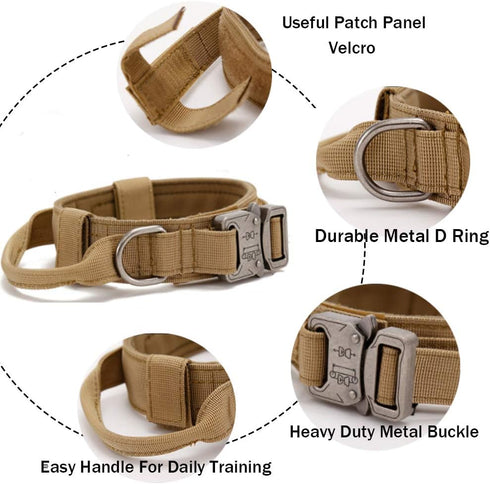 Tactical Dog Collar - Military Adjustable Nylon Heavy Duty Dog Collar with Metal Buckle and Handle for Training (Brown,
