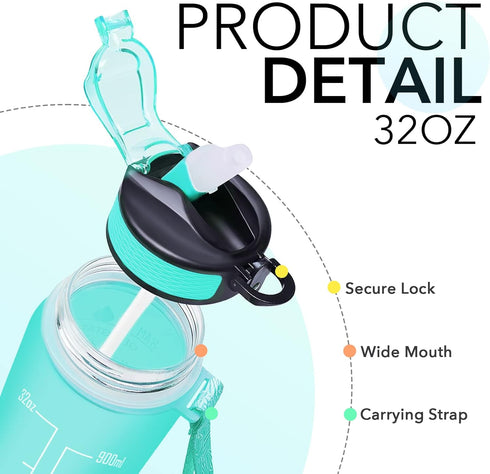 Hyeta 32 oz Water Bottle with Times to Drink and Straw, Motivational Leakproof Sports Bottle