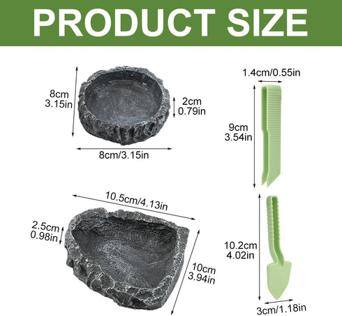 Reptile Bowls, 2 Pcs Feeding Dish with Clamp & Shovel, Resin Rock Water & Food Bowls for Reptiles
