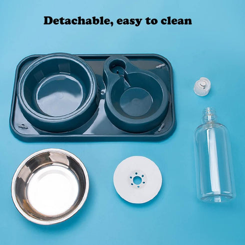 Double Dog Cat Bowls 2 in 1 Set with Automatic Gravity Water Dispenser Bottle, Detachable Stainless Steel Bowl, No-Spill