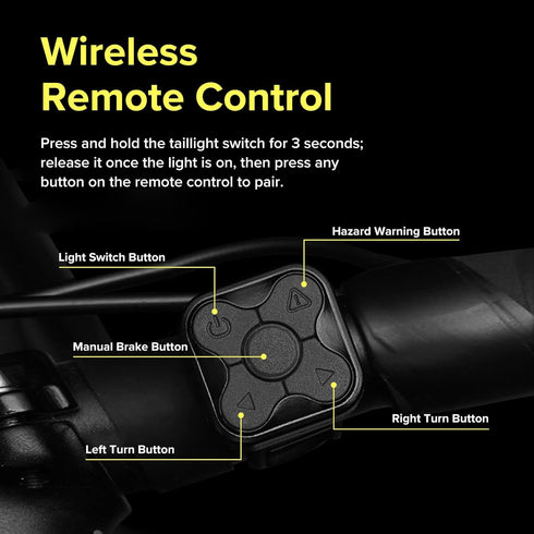 Smart Bicycle Brake Tail Light with Vibration Sensing, Wireless Remote Turn Signals, USB-C Rechargeable Rear Lights