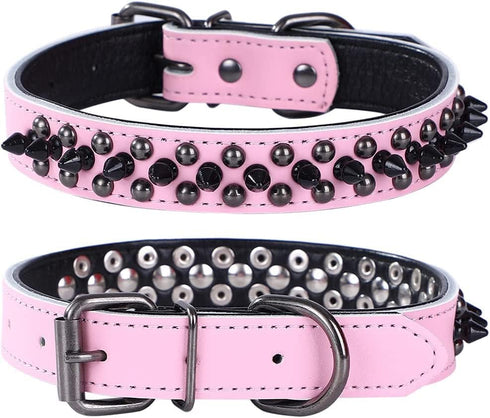 Spiked Studded Dog Collar, Genuine Leather, Adjustable for Small or Medium Pets, Size L, Pink