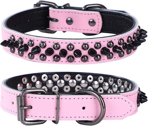 Spiked Studded Dog Collar, Genuine Leather, Adjustable for Small or Medium Pets, Size L, Pink