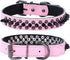 Spiked Studded Dog Collar, Genuine Leather, Adjustable for Small or Medium Pets, Size L, Pink