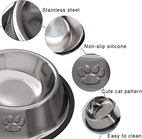 Stainless Steel Cat Bowl - 2 Pack Metal Dog Bowls for Food & Water, Non-Slip Pet Feeding Dish with Rubber Base