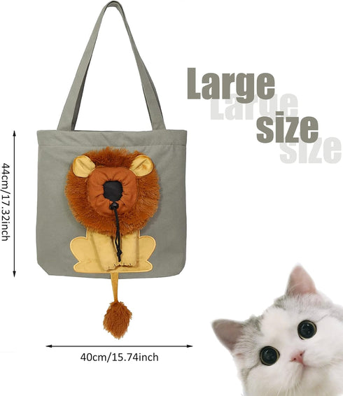 Lion-Shaped Show Head Pet Canvas Shoulder Bag, Pet Out Bag (Dark Grey-Large)