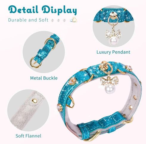PetsHome Adjustable Cat Dog Collar, Bling Rhinestones PU Leather with Luxury Pendant for Extra Small Blue