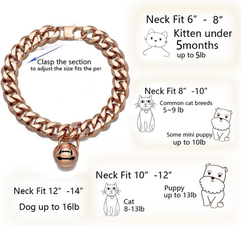 Rose Gold Cat Dog Collar, Adjustable 12 inch Chew Proof Cuban Link with Bell, Stainless Steel Kitten Choker
