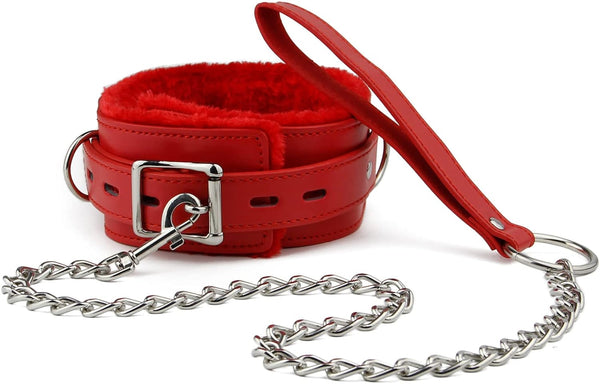 Leather Choker Collar with Long Traction Chain, Rugged Durable Adjustable Neck Size for Pets, Red