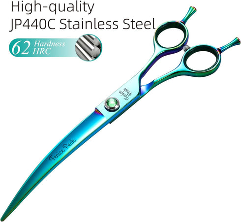 Fenice Peak 7.5'' Green Curved Dog Grooming Scissors - Ergonomic Offset Handle, 440C Durable and Sharp Trimming Shears