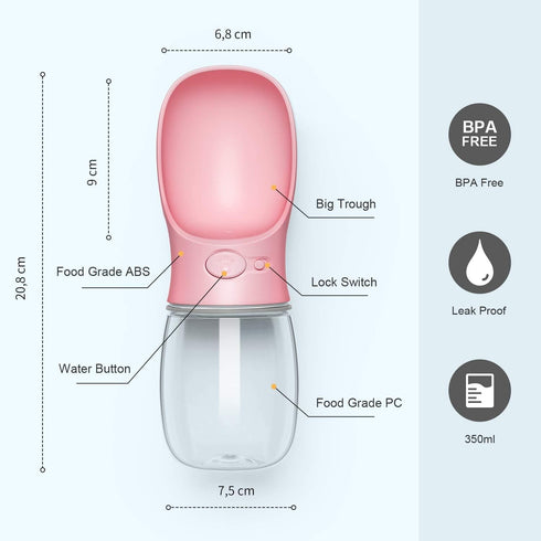 Dog Water Bottle - Leak Proof Portable Pet Water Dispenser for Dogs, Puppy Feeder for Travel (Pink 12oz)