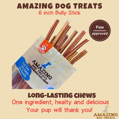 Amazing Dog Treats - Bully Sticks for Small Dogs (6 Inch Junior, 25 Count) - Premium Thin Chews for Puppies