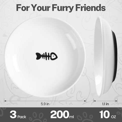 Cat Food Bowls, Whisker Friendly Ceramic Bowls with Non-Slip Silicone Bottom, Pack of 3 for Indoor Cats