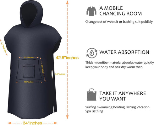 Solaris Surf Poncho Changing Towel Robe for Women Men, Lightweight Water Absorbent Changing Robe with Packable Bags