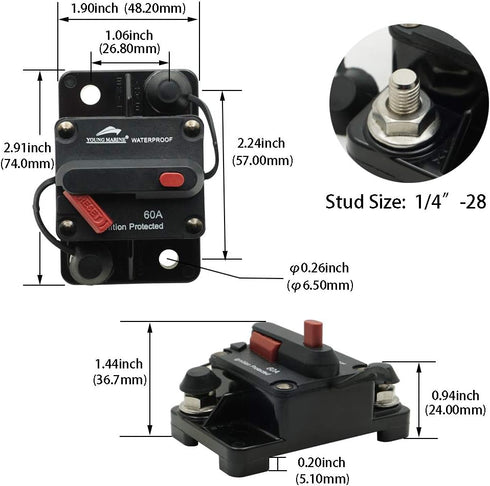 Young Marine Circuit Breaker for Boat Trolling with Manual Reset, Waterproof, 12V-48V DC