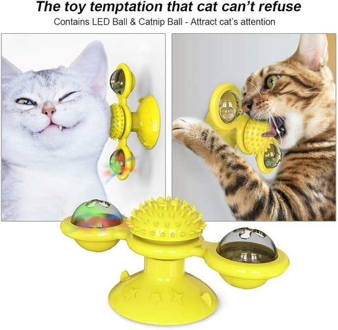 Generic Interactive Windmill Cat Toy with Catnip & Spinning LED Light Ball Suction Cup Indoor Kitten Toy with Massage