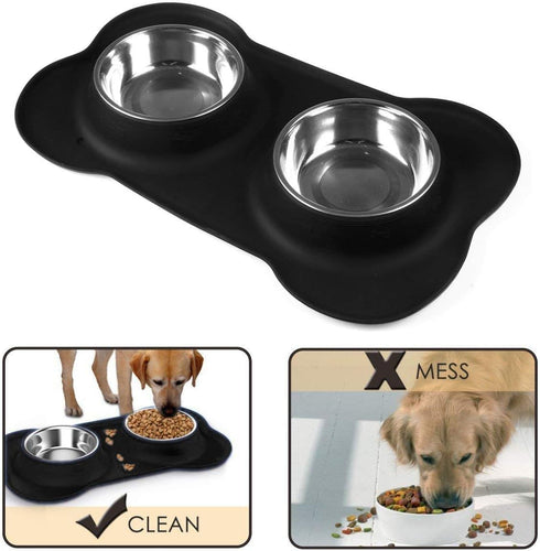 Pet Deluxe Dog Bowls, Stainless Steel with No Spill Skid Resistant Silicone Mat, 24oz and 48oz Set