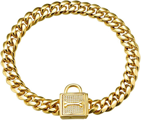 Dog Chain Collar, 12MM Heavy Duty Cuban Chain Collar, 316L Stainless Steel Dog Training Collar, Gold