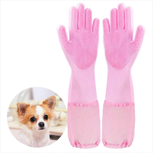 Pet Grooming Gloves - Natural Rubber Cleaning Gloves with High Density Silicone Brush for Dogs and Cats