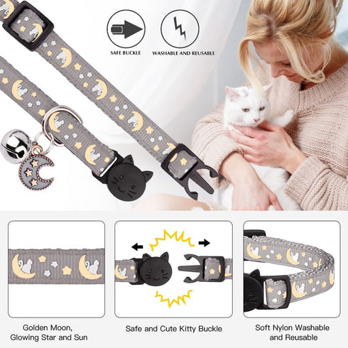 2Pcs Breakaway Cat Collars for Boy & Girl Cats, Adjustable Kitten Collars with Bell, Black + Gray