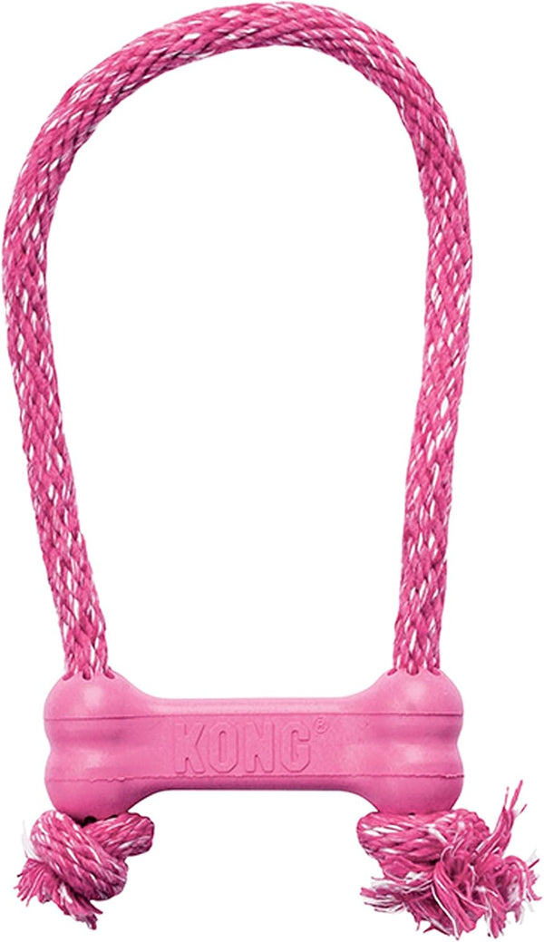 KONG Puppy Goodie Bone with Rope, Natural Rubber Chew Toy for Puppies, Teeth Cleaning Toy for XS Puppies, Pink
