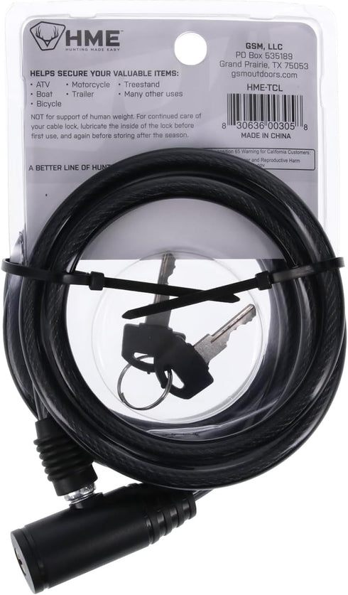 HME Self-Coiling 6-Foot Protective Hunting Tree Stand Cable Lock, Durable and Reliable, 2 Keys Included