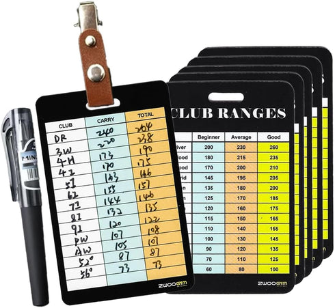 Golf Club Distance Range Cards with Holder, Back Writable Yardage Matrix Chart