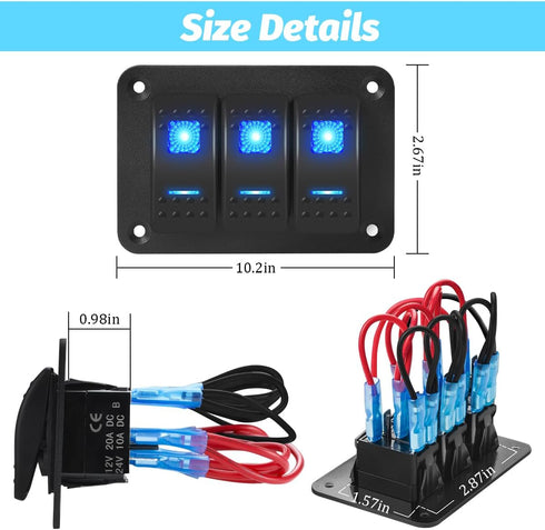 Bittwee 12V 24V 3 5 Marine Switch Panel, Waterproof DC Gang Pin Aluminum ON Off Pre-Wired Rocker Switch Panel, LED