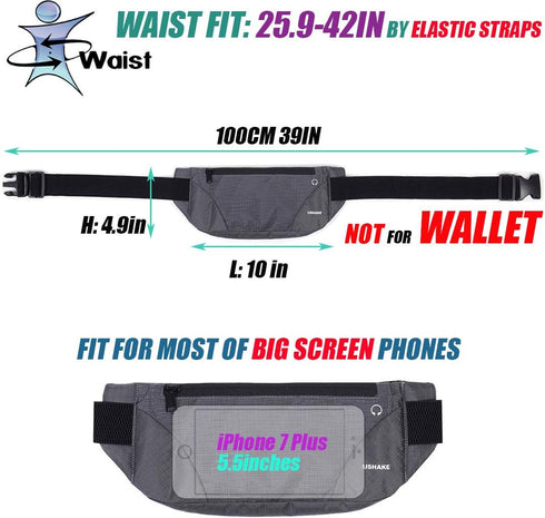 USHAKE Running Belt, Ultra Light Bounce Free Waist Pouch Bag for Men or Women, Fitness Workout Belt for iPhone