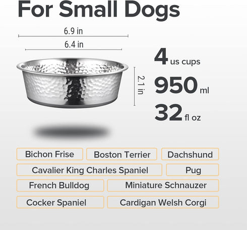 2 Pack Hammered Stainless Steel Dog Bowls - Premium Metal with Non Slip Rubber Bottom - Dishwasher Safe, 4 Cup, Gray
