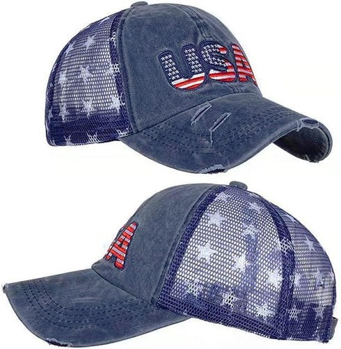 Patriotic USA Baseball Caps - Woman Man Washed Worn Out Mesh Sun Hat for 4th July (Size M)