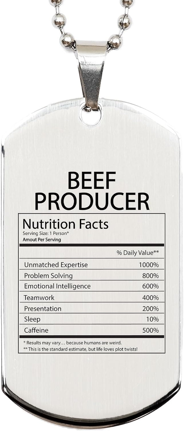 DesiDD Funny Beef Producer Gifts - Nutrition Facts Dog Tag Necklace for Cattle
