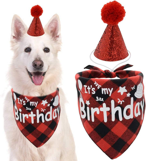 Dog Birthday Bandana Scarf with Cute Bling Hat - Pet Party Supplies for Small Medium Large Dogs (Red)