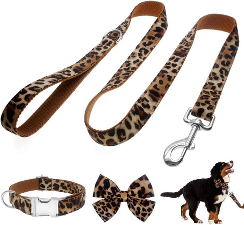 Dog Collar with Bow, Adjustable Cotton & Webbing Detachable Bowtie Dog Collars and Leash for Small Medium Large Dogs