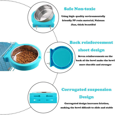 Crate Dog Cat Bowls, Removable Stainless Steel Hanging Pet Cage Bowls for Food and Water Feeder (Small, Blue)