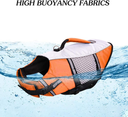 Lightweight Dog Life Jacket Swimming Vest, High Reflective Pet Lifesaver with Lift Handle, Leash Ring - Orange, L