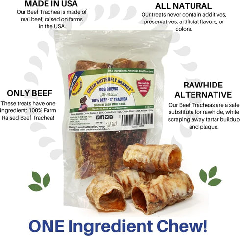 Dog Chews – Beef Trachea Dog Treat Chew Made in USA - Grass Fed American Beef, Glucosamine Rich for Healthy Joints