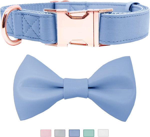 Soft Leather Bowtie Dog Collar, Adjustable Cute Bow Tie Collar with Stylish Rose Gold Heavy Duty Metal Buckle for Dogs