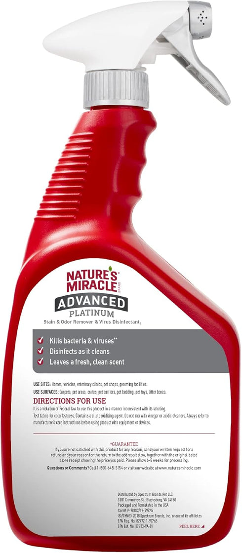 32 (Pack 2) Nature's Miracle Advanced Platinum Stain and Odor Remover and Virus Disinfectant Ounces, Eliminates Tough