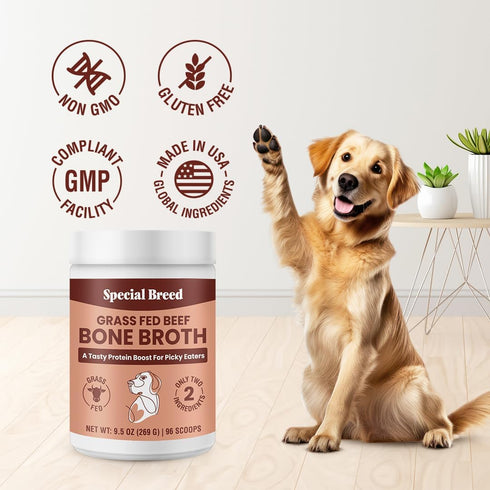 Bone Broth Powder for Dogs and Cats, Grass Fed Beef Broth Food Topper Supplement, 9.5 oz