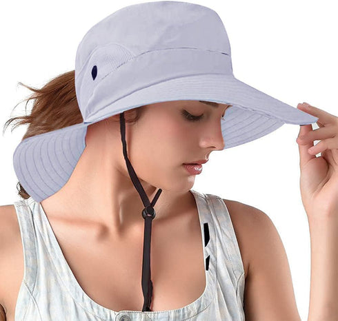 Rosoz Ponytail Sun Bucket Hats for Women, UV Protection, Foldable Mesh Wide Brim for Hiking