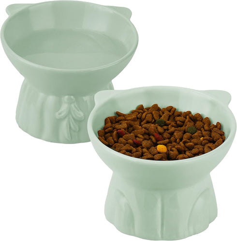Elevated Ceramic Cat Bowls, 2Pc Extra Wide Raised Shallow Food and Water Dish, Whisker Friendly, Anti Vomit, Microwave