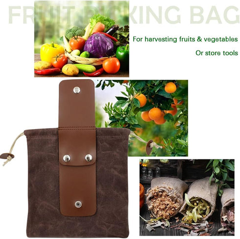 Foraging Bag Brown Waxed Canvas Collapsible Outdoor Camping Pouch, Water Resistant Leather Bushcraft Belt, Mushroom