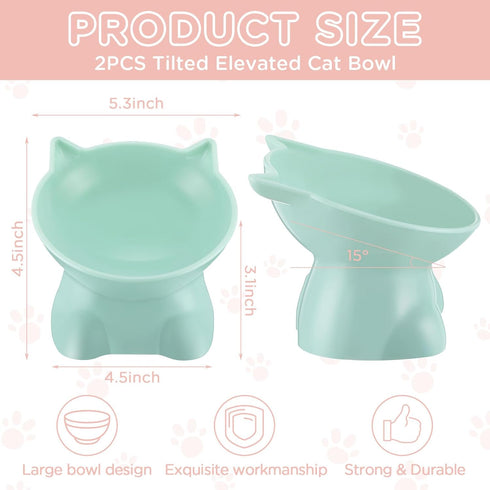2 Pcs Plastic Elevated Cat Bowls Tilted Cat Food Bowls, Raised Cat Water Bowl Cat Elevated Bowls Kitten Supplies Cat Accessories for Food and Water Feeding Cat Kitten Small Pet, Pink and Green